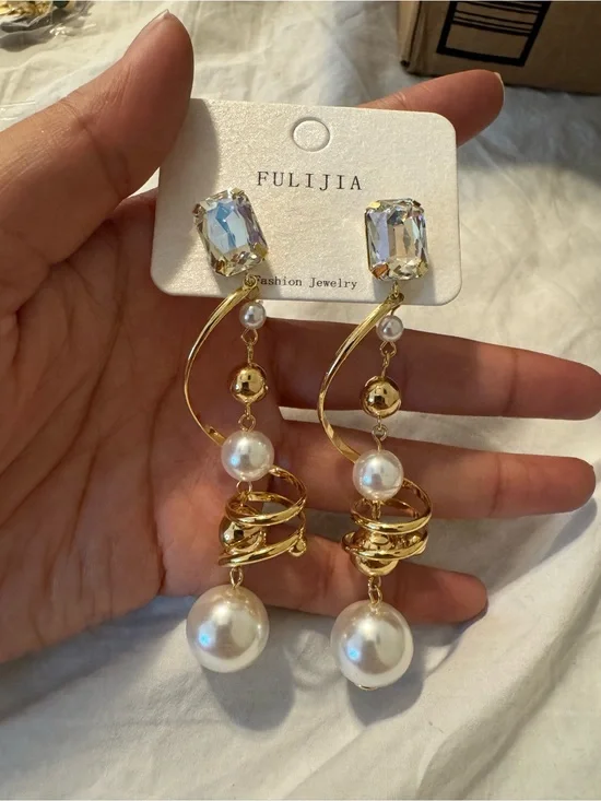 Gold Pearl Drop Earrings with Crystal Studs