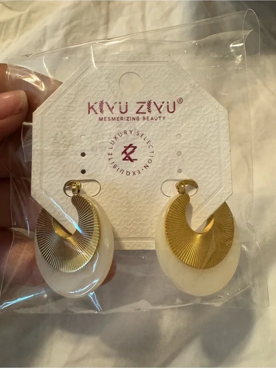 Gold and Cream Crescent Drop Earrings