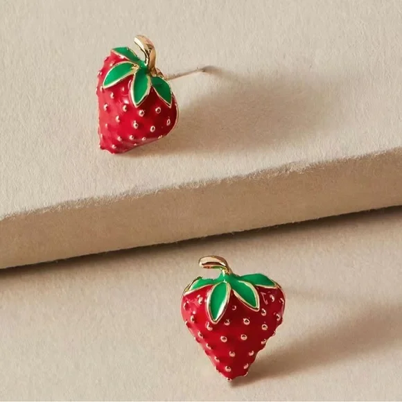 Strawberry Stud Earrings Silver Post 18K Gold Plated Enameled