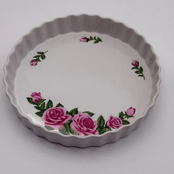 Christineholm Porcelain Quiche Tart Dish Pink Rose Fluted Round White‎ Bakeware