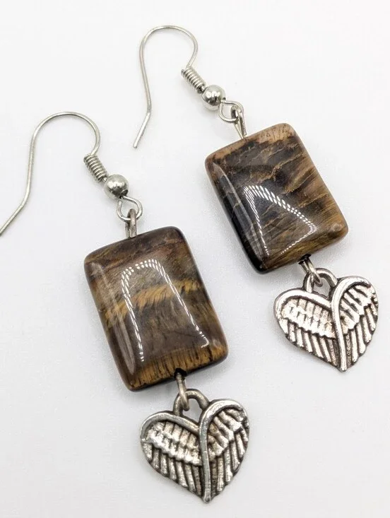 Tiger's Eye Heart Charm Dangle Earrings | Silver Tone Fish Hook Earrings | 2