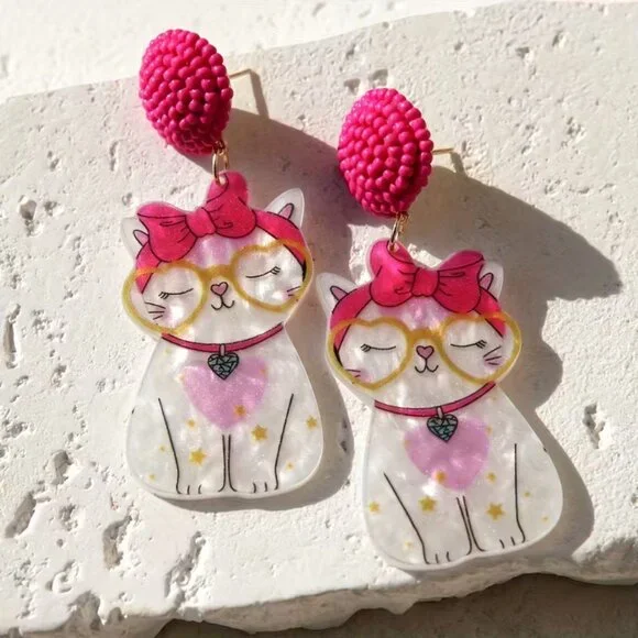 Pink “Kitty Cat Headband” Beaded Statement Dangle Earrings (BRAND-NEW & SO CUTE)