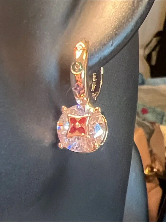 Gold-Tone Drop Earrings with Red Center and Clear Crystals