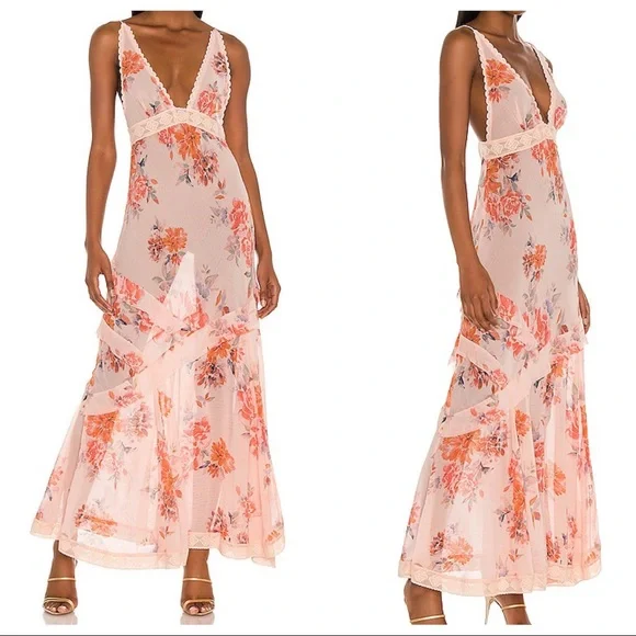 FREE PEOPLE Stay Awhile Sleeveless Maxi‎ Dress Peach Combo Lace Trim Semi Sheer