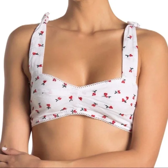 Free People Bralette Top White Cherry Embroidery‎ Sweetheart Neck Medium New