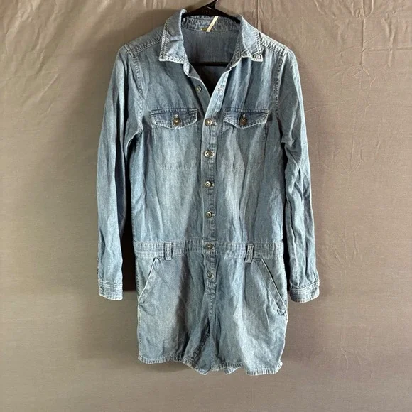 Free People Womens Light Wash Denim Long Sleeve Button Front Romper‎ XS