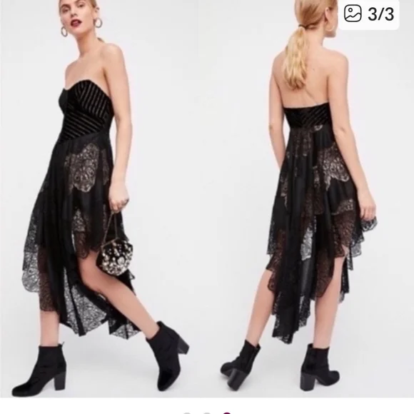 Free People Fairygoth‎ Whimsical Grunge Black Velvet Lace Midi Dress