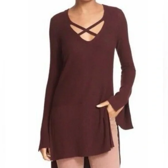 Free People Burgundy Criss‎ Cross Bell Sleeve Tunic Sweater
