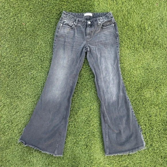Free People We The Free 28x30 Black Flare Jeans Raw Hem Faded Denim Y2K Emo Goth
