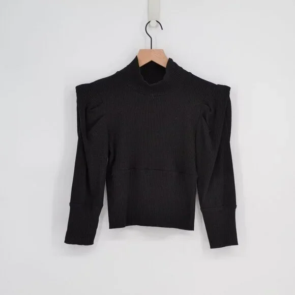 Free People Lala Puff Sleeve Cropped Top Black Women's M Ribbed Knit Turtleneck