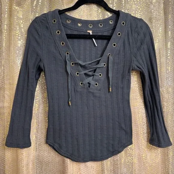 Free People Ice Cold Lace Up Grommets Blue Gray Ribbed Quarter Sleeve Top XS