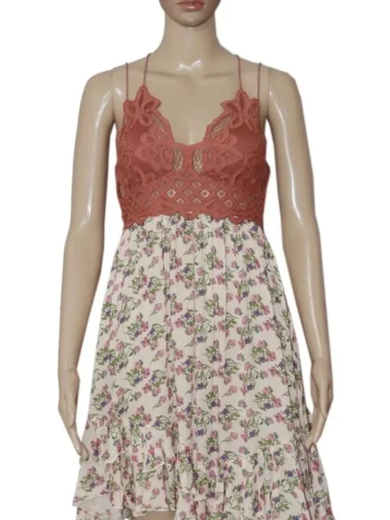 Free People FP One Adella Printed Mini Slip Dress Lace Ruffle Summer S