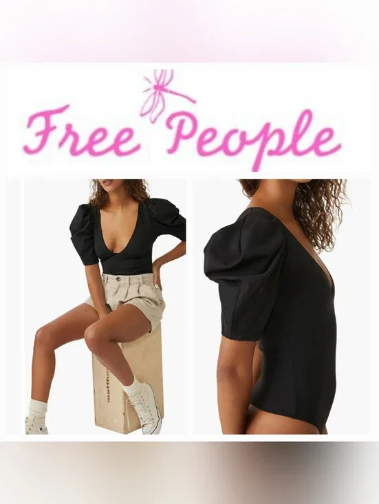 Free People Va Va Voop Black Puff Sleeve Bodysuit Sz XS