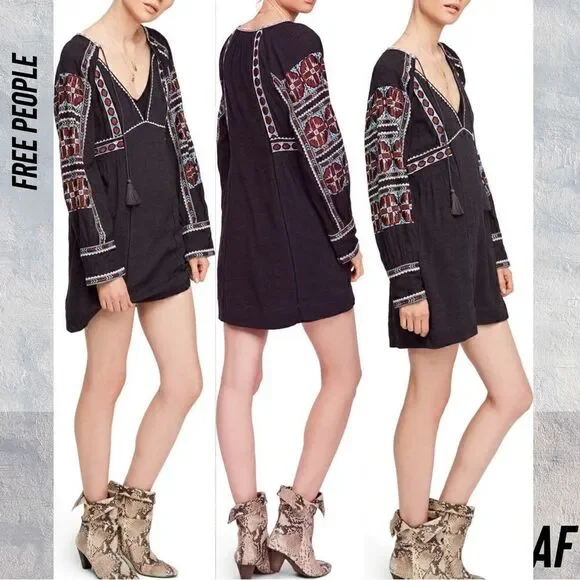 FREE PEOPLE ALL MY LOVE EMBROIDERED MINI DRESS IN BLACK NEW XS