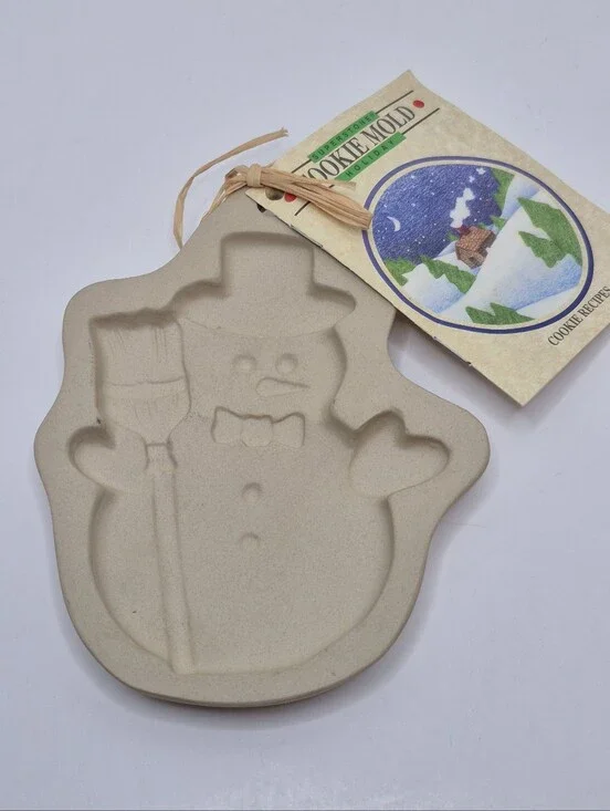 Sassafras Superstone Snowman w Hat and Broom Cookie Mold Holiday Bakeware NWT