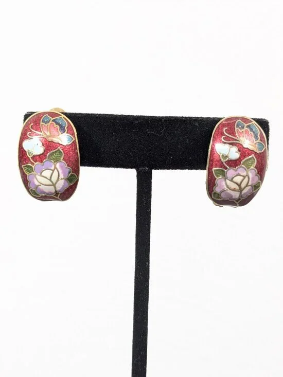 Vintage Red‎ Cloisonne Butterfly Flower Huggie Drop Clip On Earrings Semi Hoop