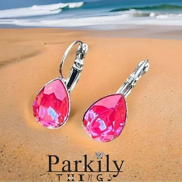 Handcrafted earrings with a pink teardrop Swarovski crystal