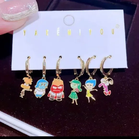 14K Gold Disney Pixar Inside Out 2 Theme Stud Mismatched Huggie Hoop Ear…