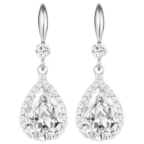 14K White Gold with White Diamond Cubic Zirconia Teardrop Hook Dangle Earrings