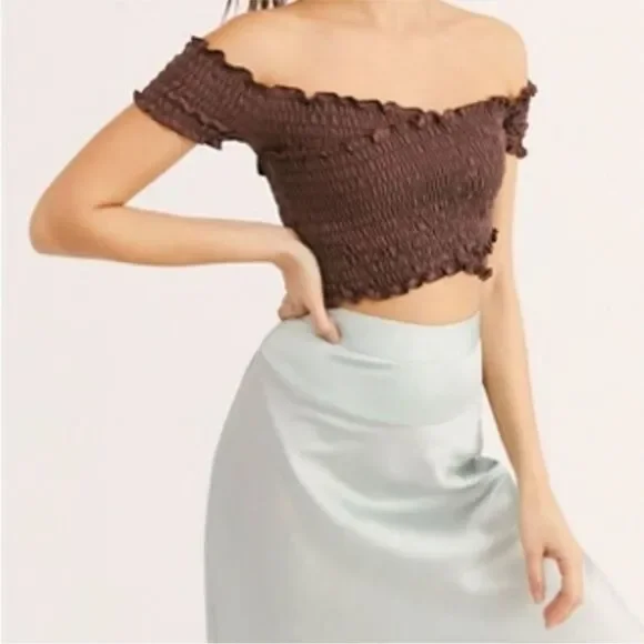 FREE PEOPLE “SMOCK IT TO ME” CRISS CROSS OFF THE SHOULDER CROP TOP BLACK  SMALL