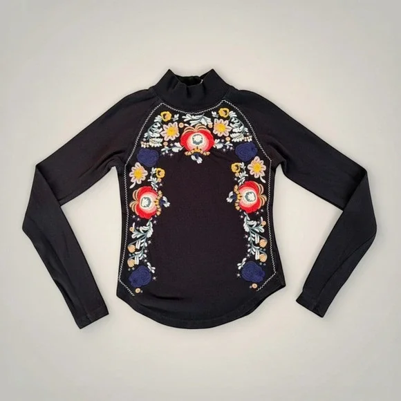 Free People Disco Rose Mock‎ Neck Top Womens Small Black Floral Embroidered Boho