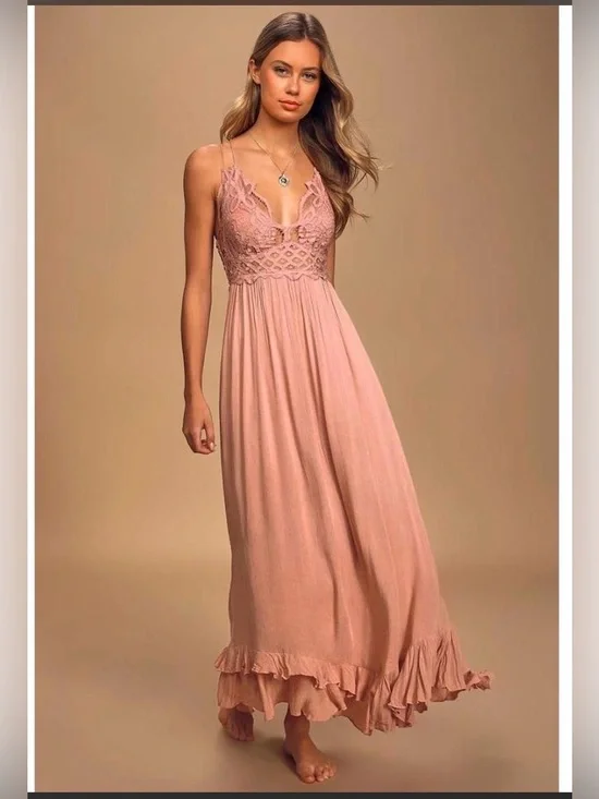 Free People Adella Maxi Slip Dress in a dusty rose color, featuring a crocheted