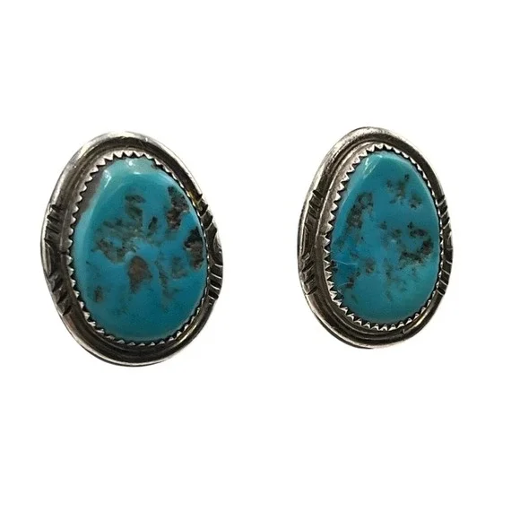 GINA DOSEDO GD Vintage‎ Navajo Sterling Kingman Pyrite Turquoise Clip Earring