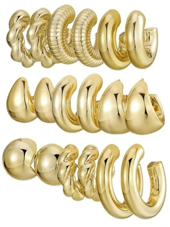 New - 24 Pairs Gold‎ Hoop Earrings Set for Women Hypoallergenic Chunky Chain