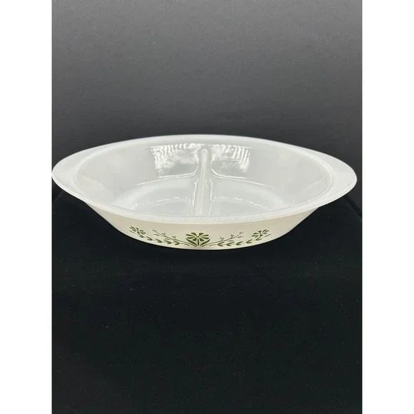 Glasbake J2352 Milk Glass Divided Serving Dish Green Floral Vine Oval Vintage