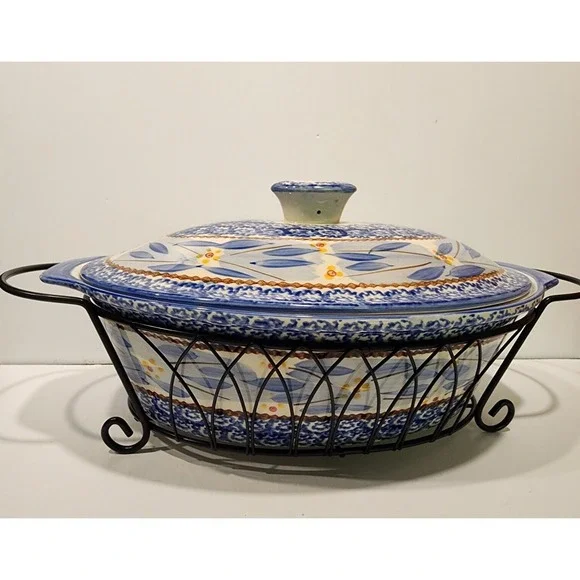 Temp-Tations Old World Blue  Oval 3.5‎ qt Casserole Dish with Lid  & Rack