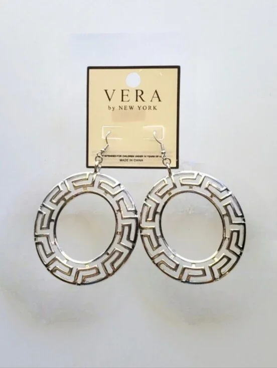 Greek Key Dangle Hoop Earrings - Vintage Design