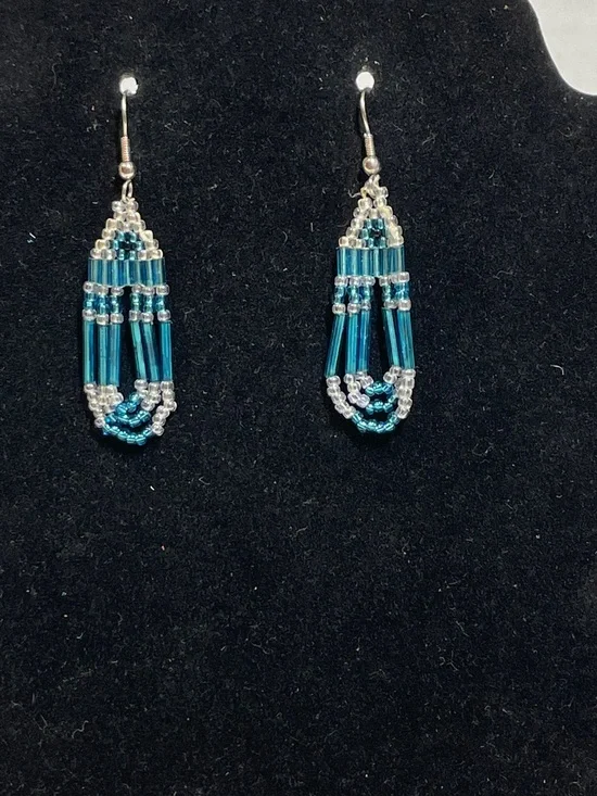 Native Am Style Seed beaded earrings dangle, Clear And Teal  6 Strands Loop Boho