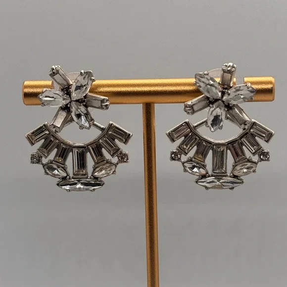 Stella Dot Earrings Fan Shape Crystal Statement Silver‎ Tone Studs Sparkle