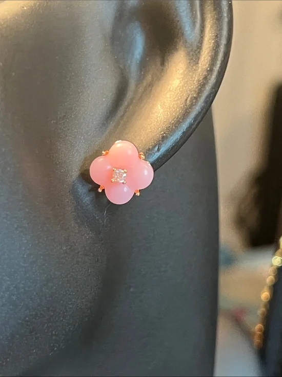 Pink Floral Stud Earrings with Crystal Center