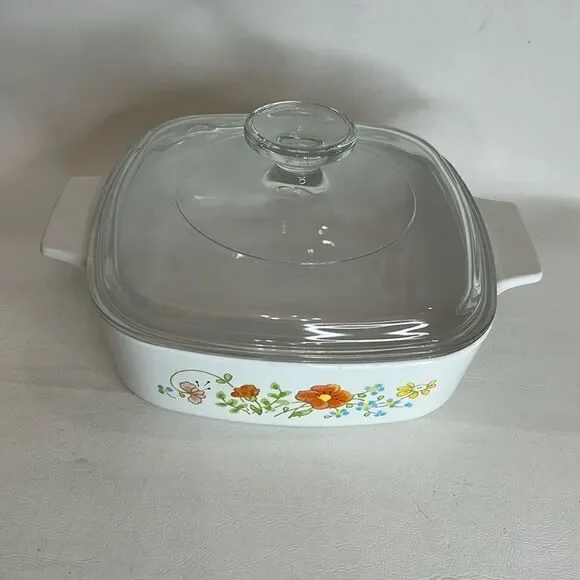 Corning Ware Pan 1 Liter Baking Serve Dish Pan  Ovenware With Lid Floral Handle