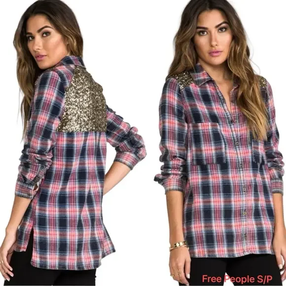 🪗Free People Plaid flannel Button Down with Gold Sequins size S/P GUC