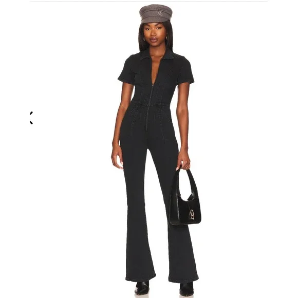 Free People We The Free Jumpsuit Small Black Denim Jayde Flare Boho Stretch Zip