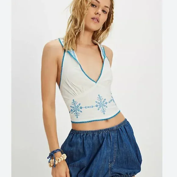Free People Hello Lover Embroidery Halter White & Blue Cotton Top Size L -‎ NEW
