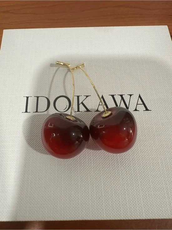 Red Cherry Drop Earrings - Gold Stems