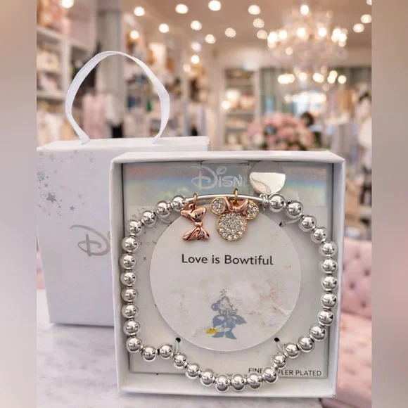 Disney Minnie Mouse “Love Is Bowtiful” Charm Bracelet silver Beaded. NWT