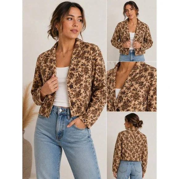 Free People Women's Floral Cropped Blazer Jacket Brown Beige Button Front Size M