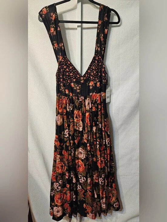 NWT Free People Love You Black Floral Midi Dress with Red & Pink Roses Size XS