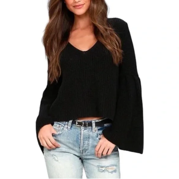 Free People Damsel‎ Flare Sleeve Cable Knit Black Pullover Sweater S