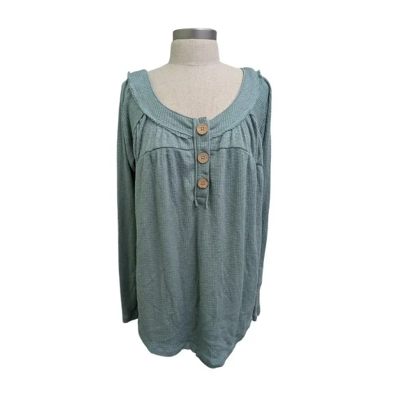 Free People We The Free‎ Pullover Henley Top Green Waffle Knit Long Sleeve Small