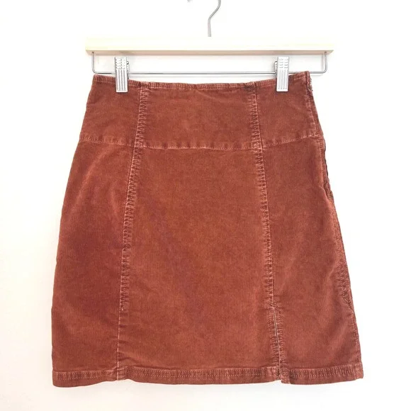 Free People Corduroy Mini Skirt Rust Burnt Orange High‎ Waisted Size 4 Boho Slit