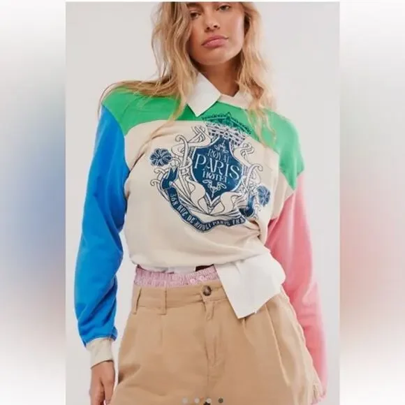 Free People X Daydreamer Crest colorblock cream sweatshirt size large