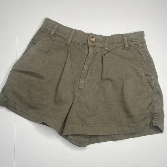 Free People‎ Olive Green Pleated High Waisted Linen Blend Shorts Women Size 2