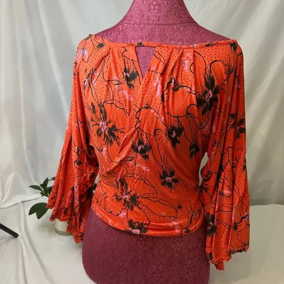 Free People Floral Wrap Blouse Boho Bell Sleeve‎ Festival Top XS