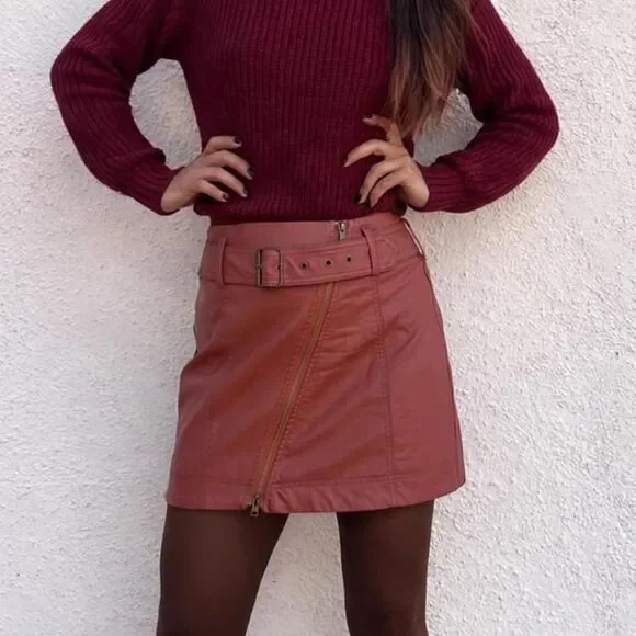 Free People Women's High-Waist Boho Western Brown/Rust Moto Mini Skirt Size 0