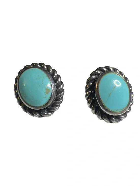 Vtg sterling silver Rope 925 signed CFJ  turquoise pierced earrings